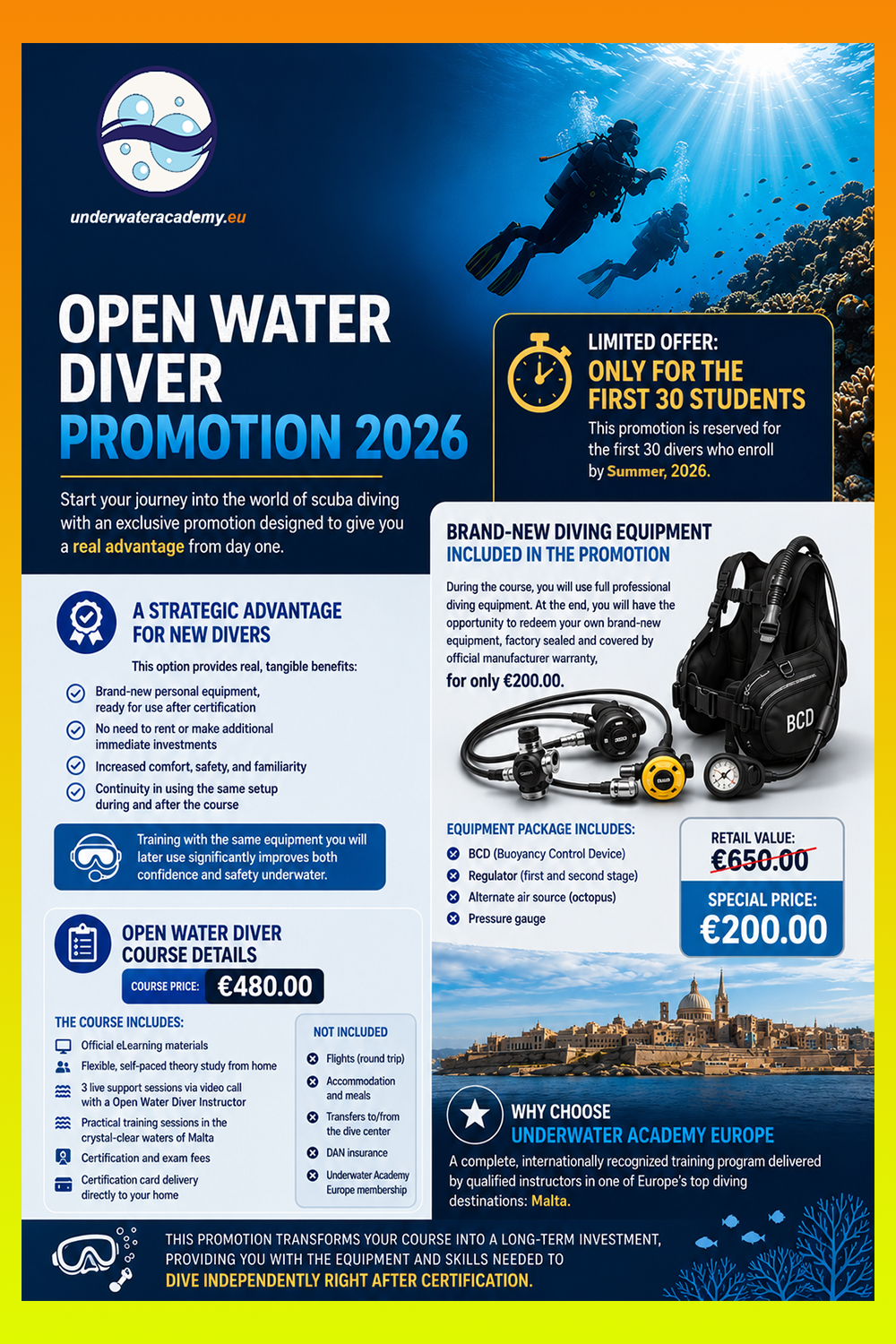 OWD PADI course promotion summer 2026 Malta