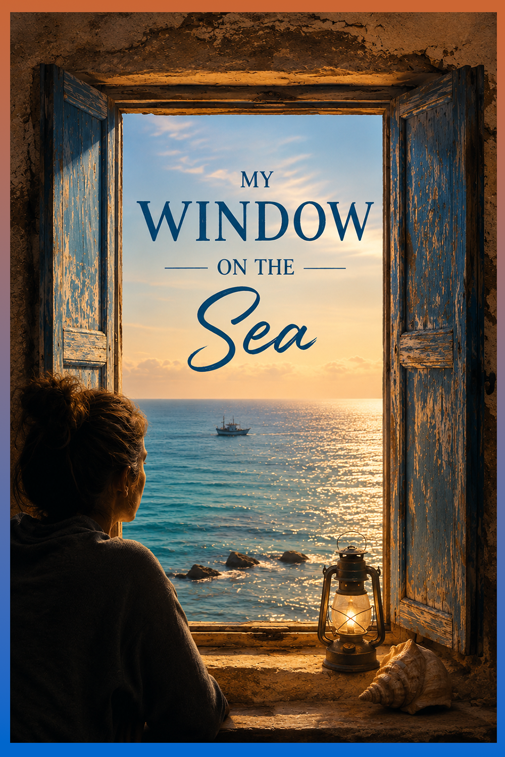 My Window on the Sea – sea view through an old window with blue wooden shutters, a person gazing toward the horizon at sunset, symbolizing the beauty of the underwater world and ScubaLiveTV videos.