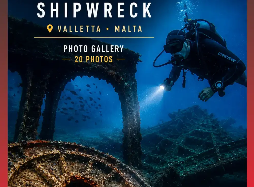 Official cover of the HMS Maori Shipwreck Photo Gallery featuring a scuba diver exploring the World War II wreck in Valletta, Malta.