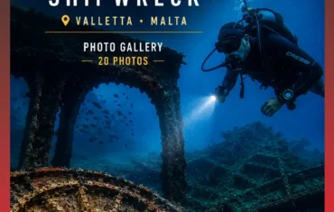 Official cover of the HMS Maori Shipwreck Photo Gallery featuring a scuba diver exploring the World War II wreck in Valletta, Malta.