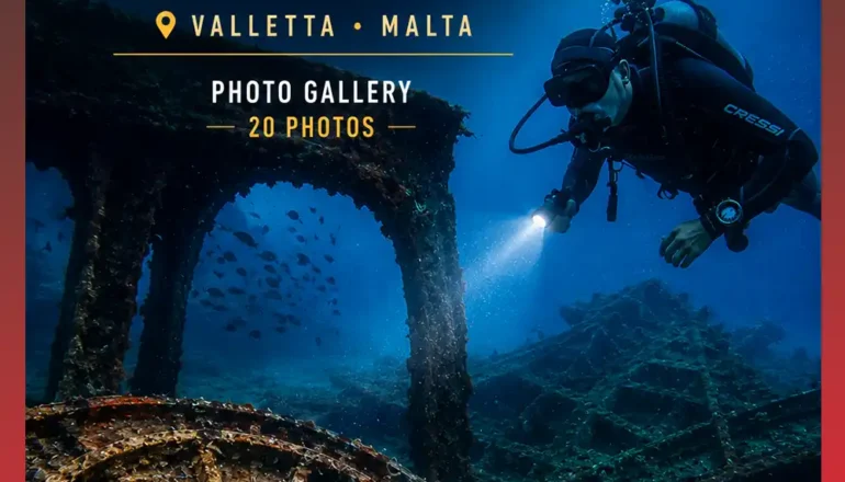 Official cover of the HMS Maori Shipwreck Photo Gallery featuring a scuba diver exploring the World War II wreck in Valletta, Malta.